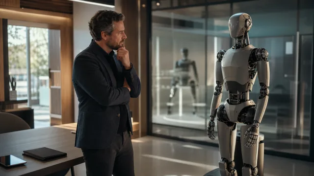 Acheteur évaluant un robot humanoïde actuel dans un showroom avec un futur prototype en arrière-plan
