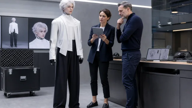 Acheteurs examinant un robot humanoïde UWORLD U1 dans un showroom technique