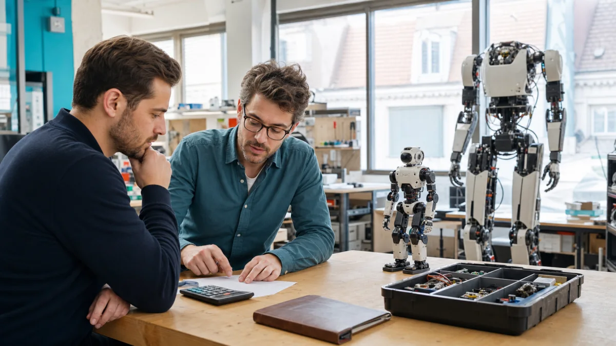 Acheteur et ingénieur comparant le budget de plusieurs formats de robots humanoïdes dans un atelier