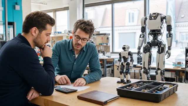 Acheteur et ingénieur comparant le budget de plusieurs formats de robots humanoïdes dans un atelier