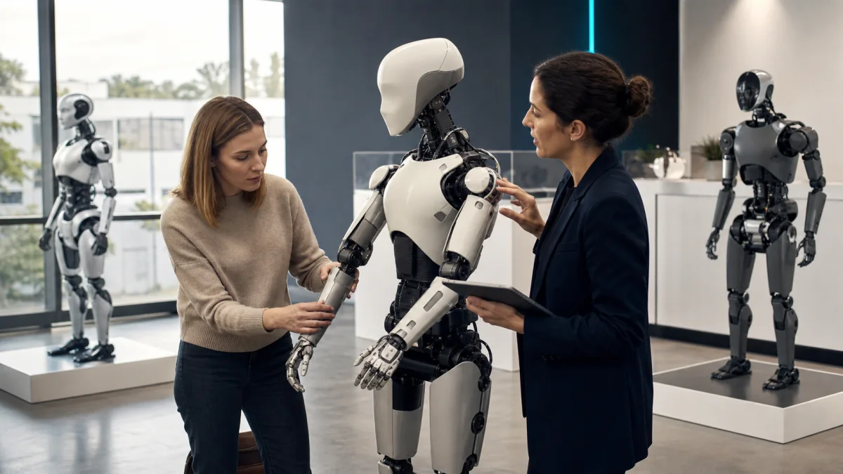 Consultante présentant les articulations d'un robot humanoïde à une acheteuse dans un showroom indépendant
