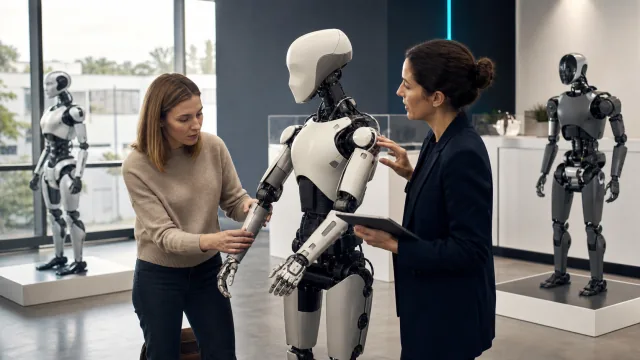 Consultante présentant les articulations d'un robot humanoïde à une acheteuse dans un showroom indépendant
