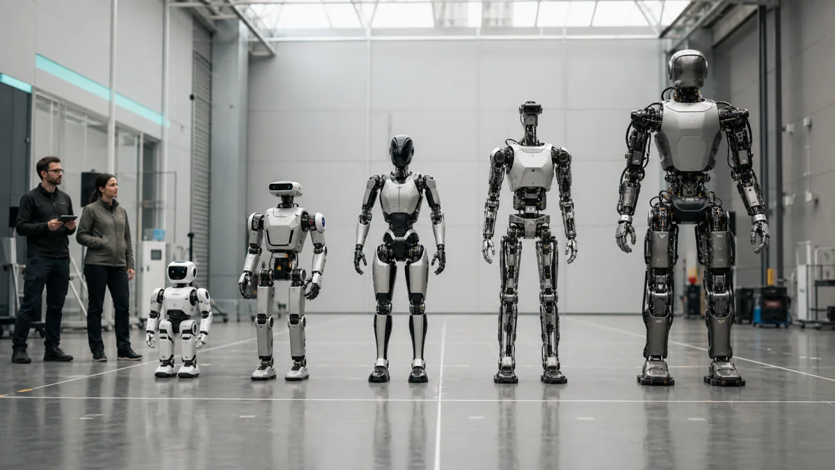 Cinq catégories de robots humanoïdes alignées par taille dans un hall d'évaluation