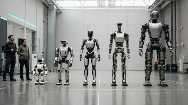Cinq catégories de robots humanoïdes alignées par taille dans un hall d'évaluation