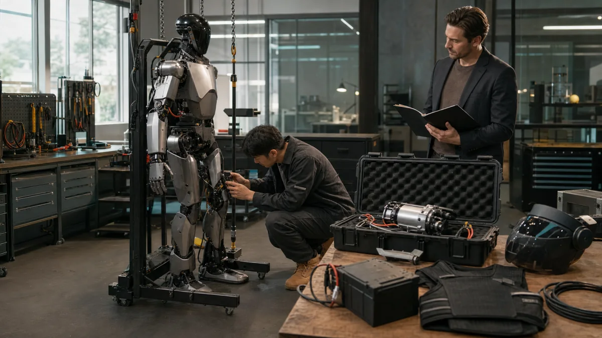 Robot humanoïde en maintenance entouré de pièces, batteries et équipements de service