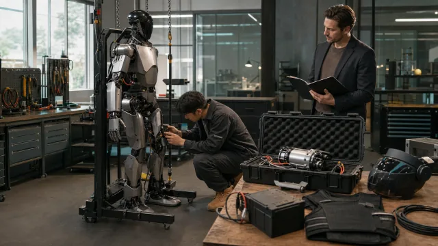 Robot humanoïde en maintenance entouré de pièces, batteries et équipements de service