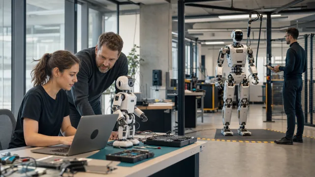 Débutante programmant un petit robot tandis qu'un humanoïde professionnel est testé en arrière-plan