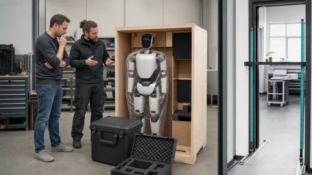 Acheteur et techniciens contrôlant un robot humanoïde livré dans sa caisse de transport
