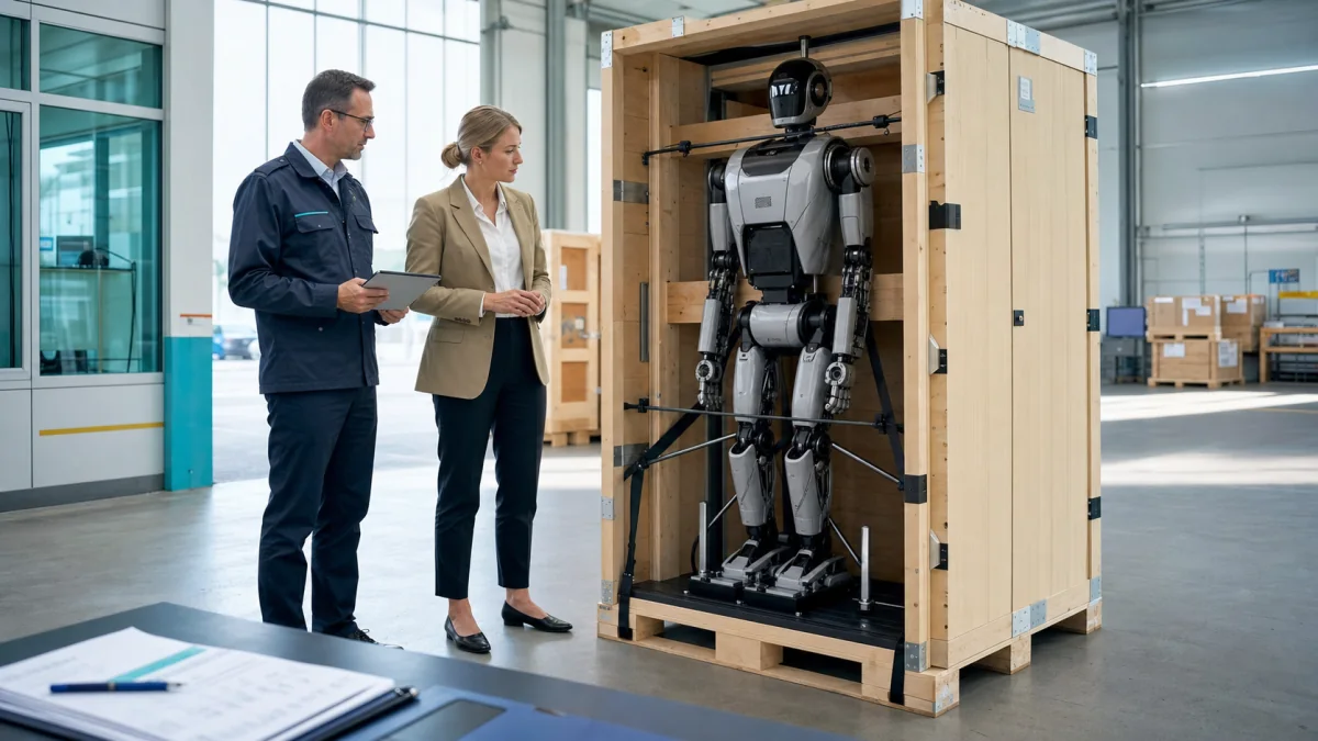Inspection douanière d'un robot humanoïde sécurisé dans sa caisse de transport
