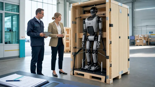Inspection douanière d'un robot humanoïde sécurisé dans sa caisse de transport