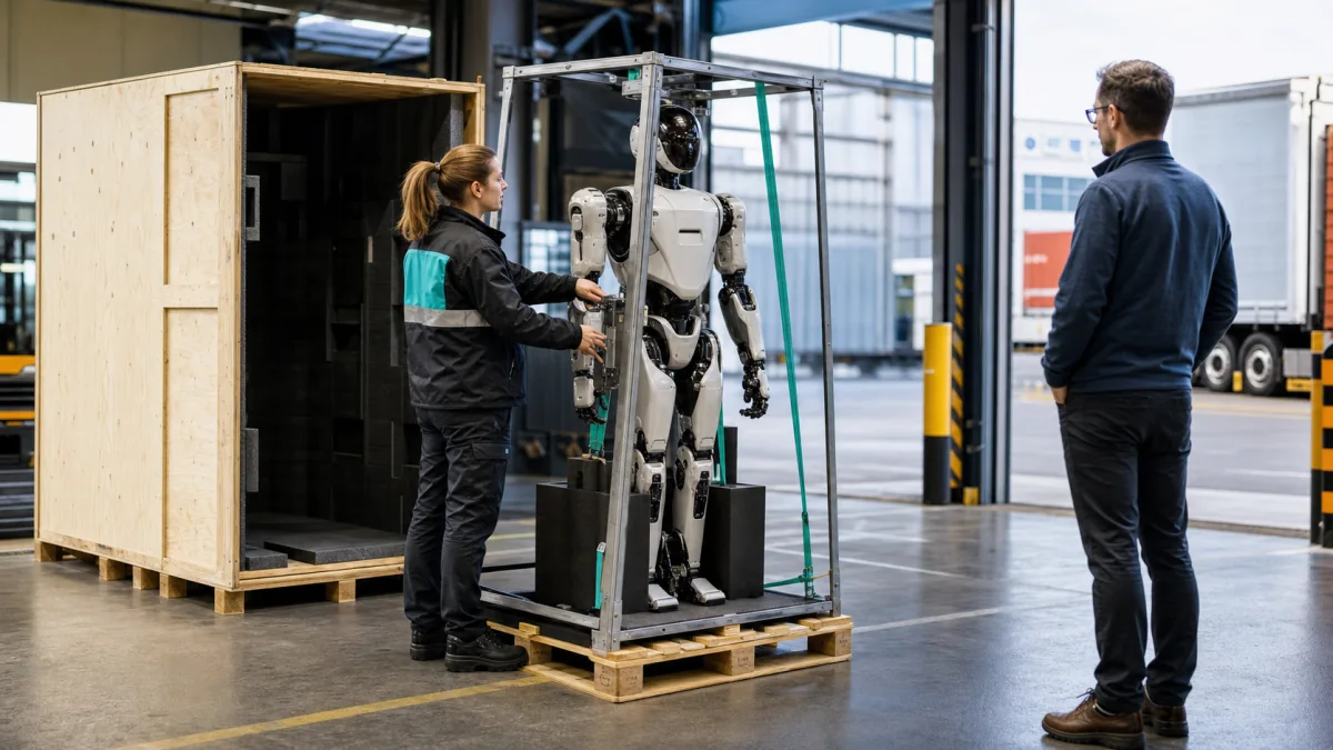 Robot humanoïde importé déplacé dans son châssis de transport vers une zone d'inspection