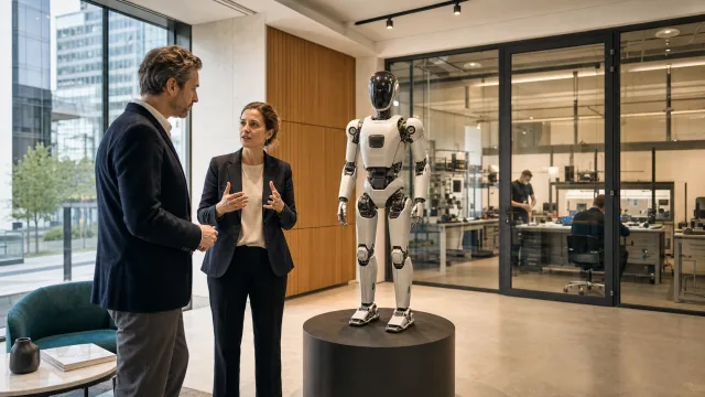 Acheteur échangeant avec une intégratrice devant un robot humanoïde dans un showroom avec atelier local