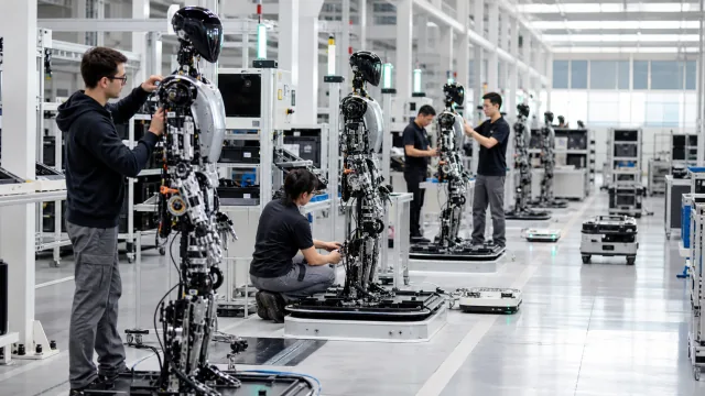 Chaîne d'assemblage modulaire de robots humanoïdes dans une usine moderne