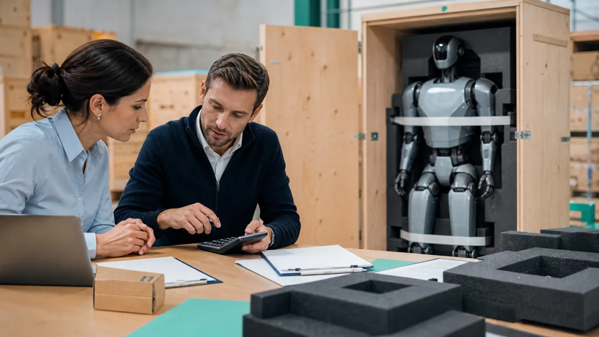 Spécialistes calculant le coût livré d'un robot humanoïde placé dans sa caisse