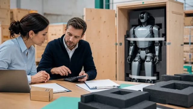 Spécialistes calculant le coût livré d'un robot humanoïde placé dans sa caisse