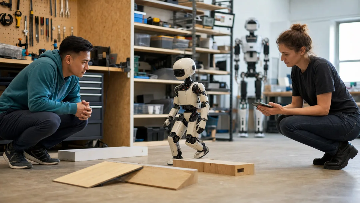 Petit robot humanoïde d'entrée de gamme évalué dans un atelier de robotique