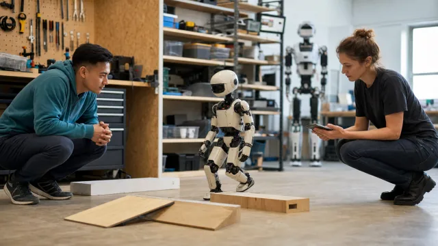 Petit robot humanoïde d'entrée de gamme évalué dans un atelier de robotique