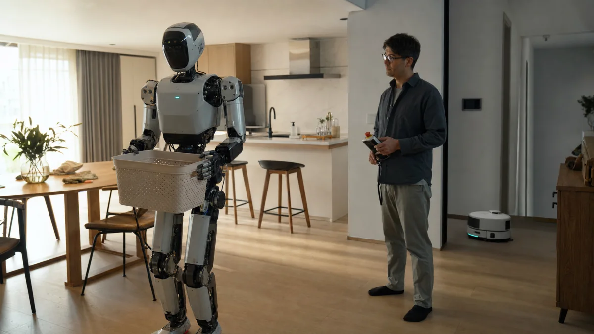 Robot humanoïde transportant un panier léger sous la supervision d'un adulte à la maison