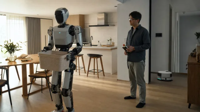 Robot humanoïde transportant un panier léger sous la supervision d'un adulte à la maison