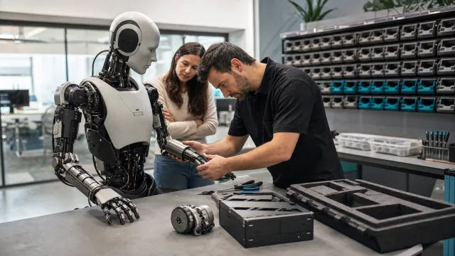 Technicien remplaçant un module d'avant-bras sur un robot humanoïde dans un centre de service