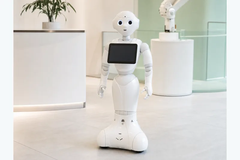 Robot d’accueil Pepper avec sa tablette et sa base roulante